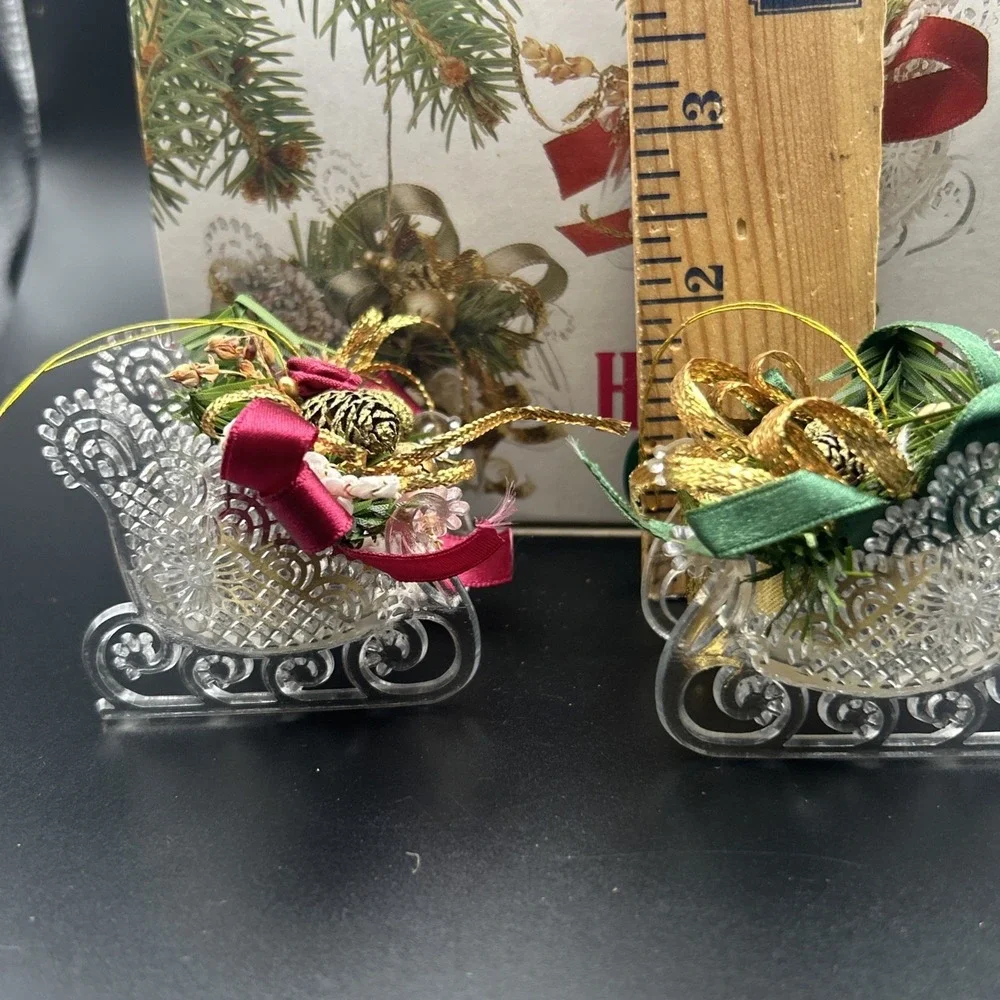 Set Of 2 Holiday Sleigh  Santa's Sleigh Christmas Tree Ornaments Decorated
